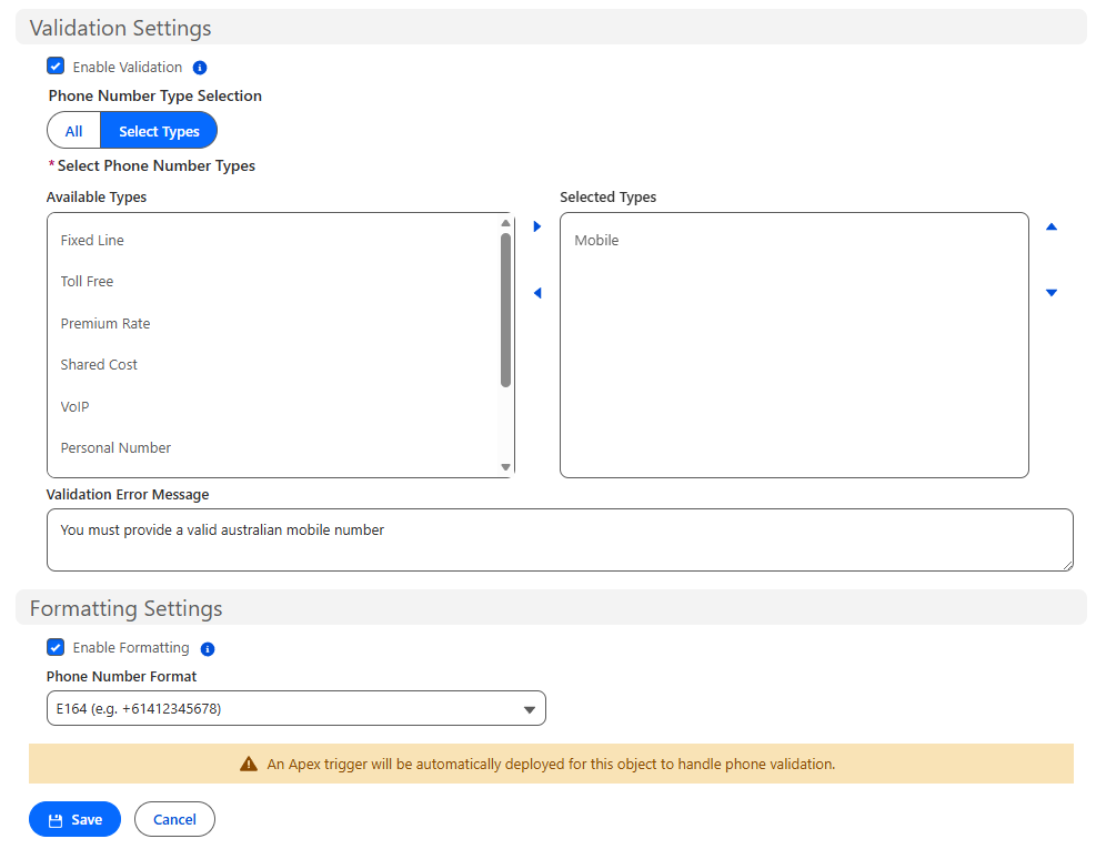 Validation and Formatting Settings